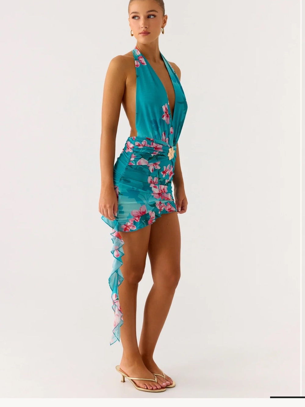 Peppermayo Teal Floral Halter Mini Dress